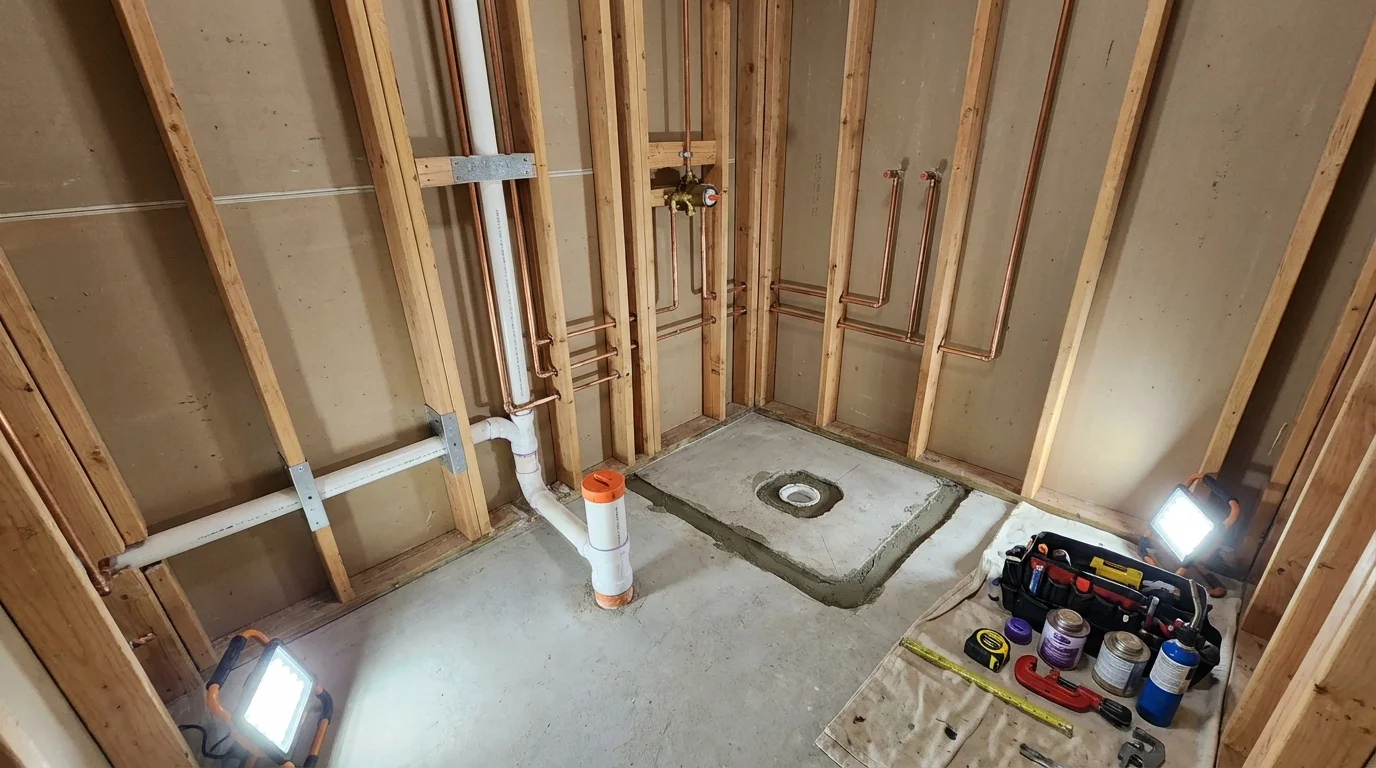 Bathroom rough-in plumbing during remodel by Johns Plumbing LLC in Oxford