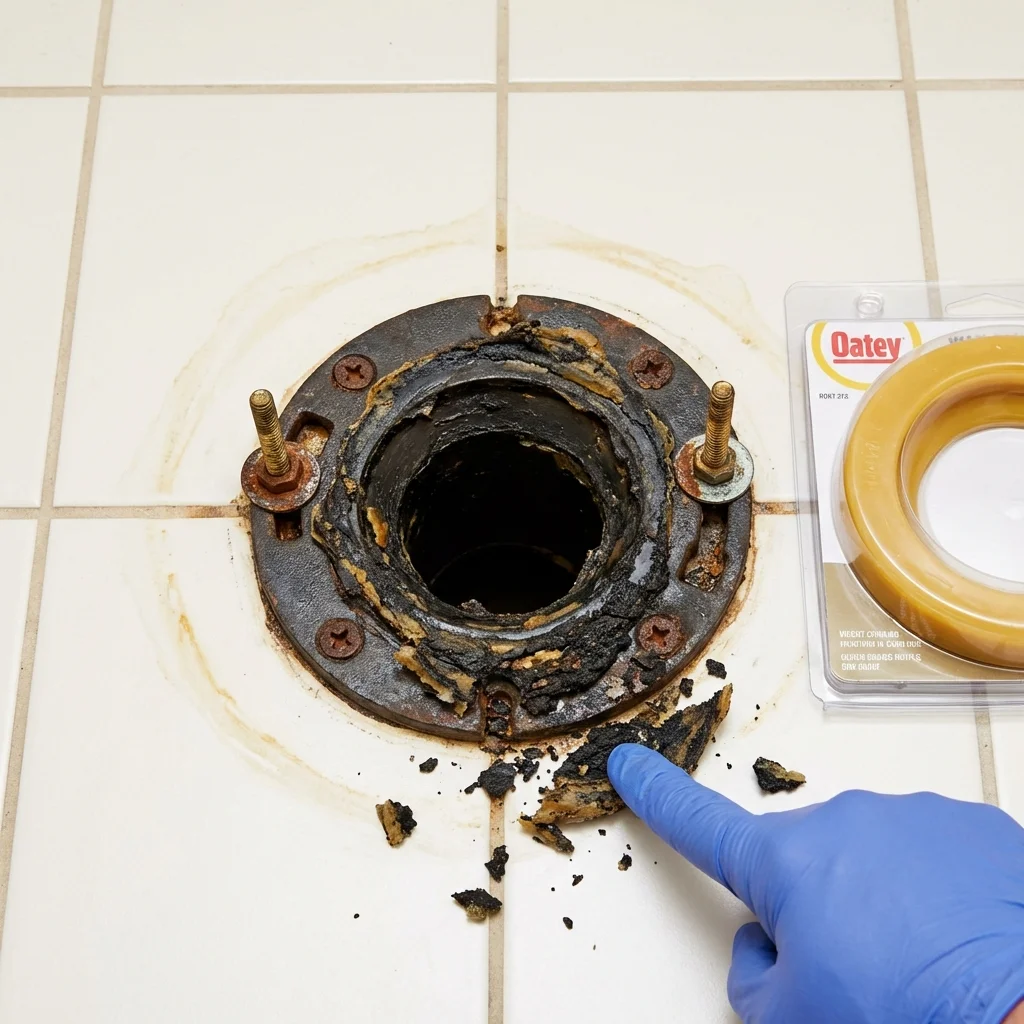 Failed wax ring showing water seepage at the base of a toilet in a Oxford, NJ home