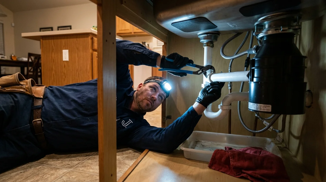 P-trap and supply line connections under a kitchen sink showing a common leak point in Oxford, NJ